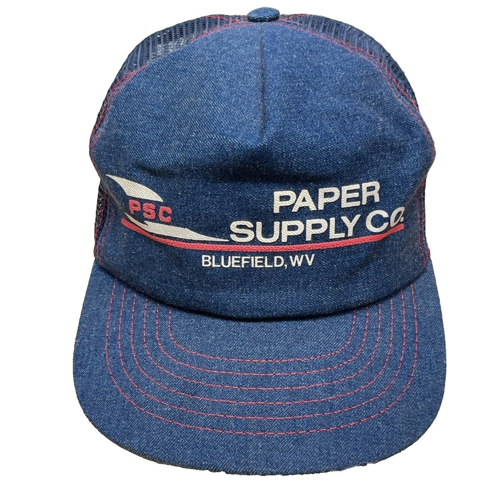 Vintage Denim Trucker Hat Cap Made In USA 80s Mesh Snap Back Paper Supply Blue Z